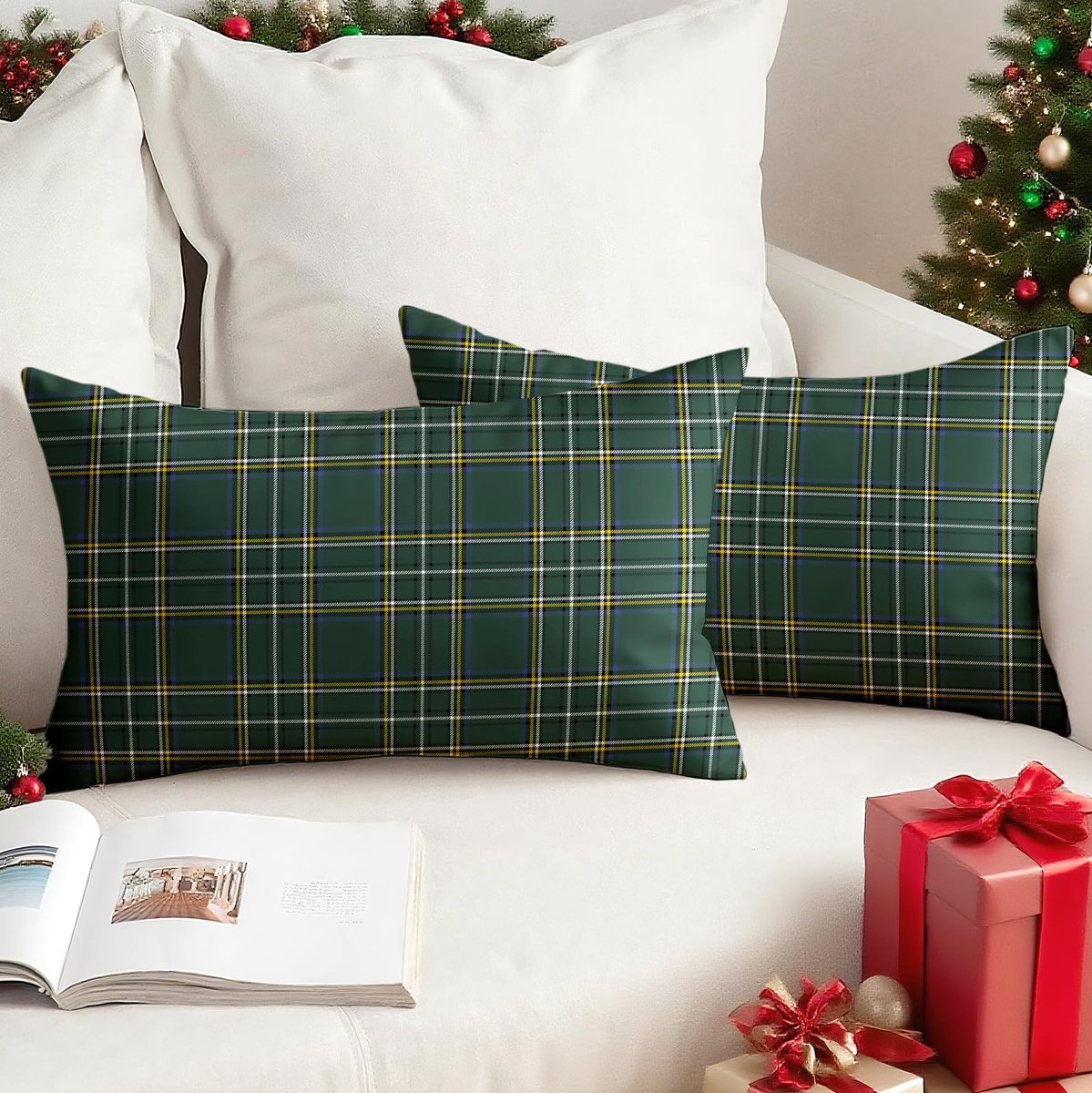 Set van 2 groene kerstkussensloop 30x50 cm fluweel gekareerd winter kerstdecoratie kussenslopen decokussen kussenhoes sierkussen Christmas woonkamer kantoor hotel