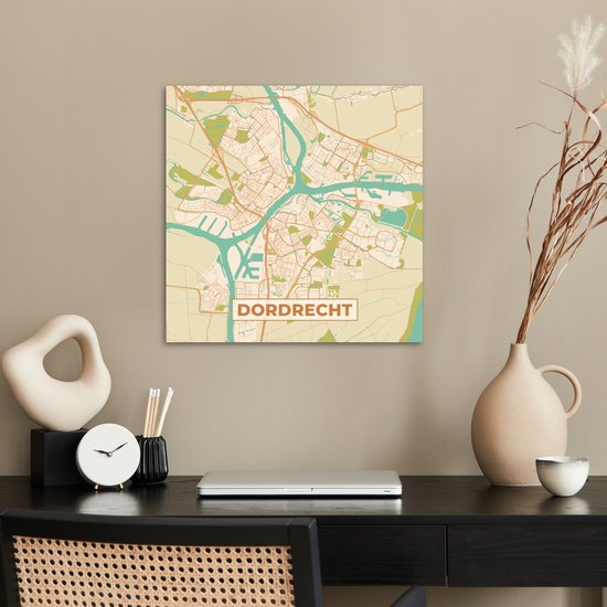 Carte murale de Dordrecht avec routes et voies navigables en orange, vert et beige.