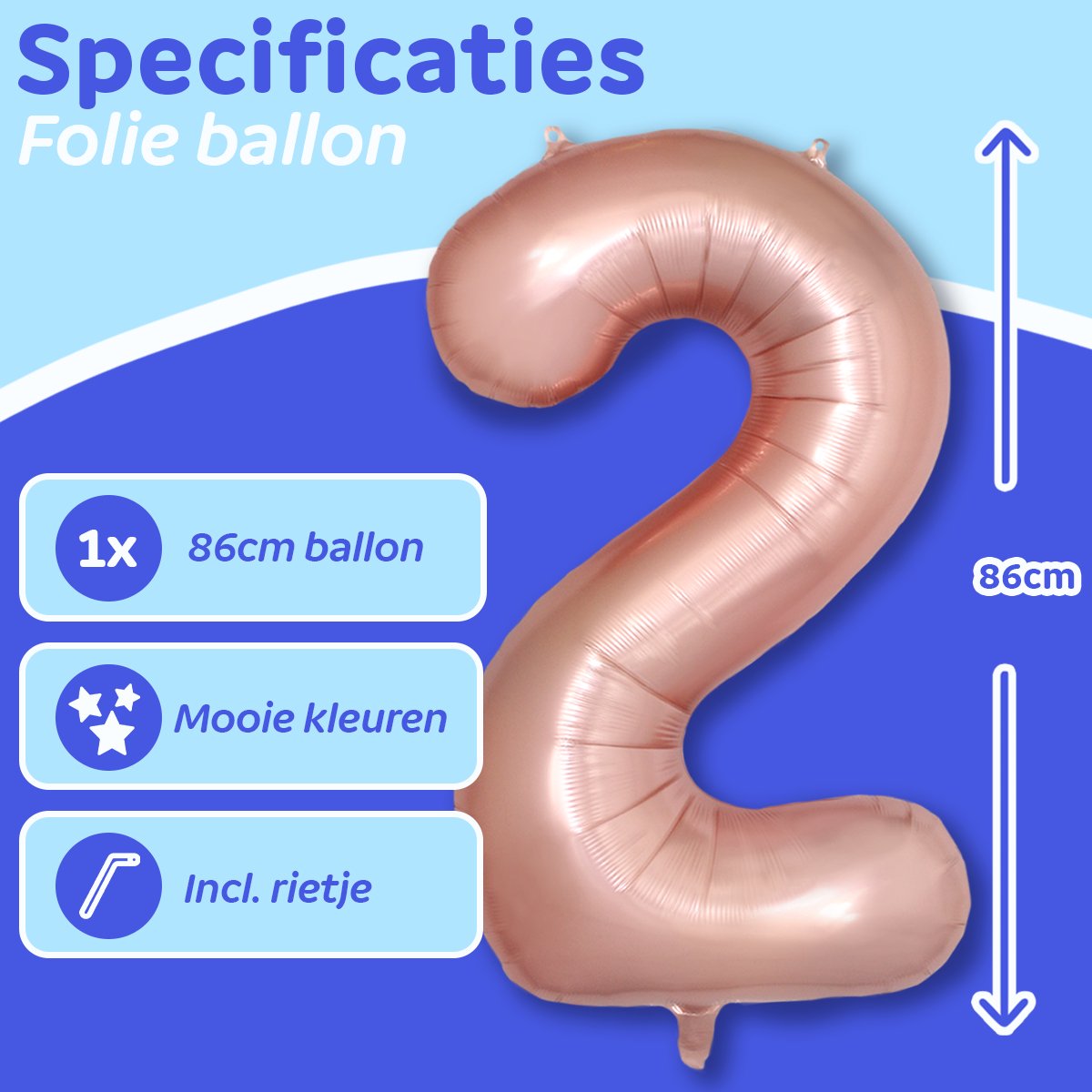 BTH – Folie Ballon Cijfer 2 – Rosé Goud – Feestversiering – Helium of Lucht – Verjaardag Decoratie – Met Rietje – 86cm — afbeelding 2