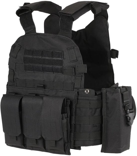 Zwart tactisch vest met MOLLE-systeem, meerdere magazijntassen en een afneembare tas.