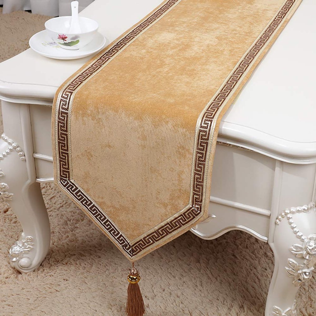 Tafelloper met kwastjes Chenille Sparkle Velvet Look Compatibel Tafelloper, Stuk Geweven Vinyl Tafelloper Wasbare Tafelloper
