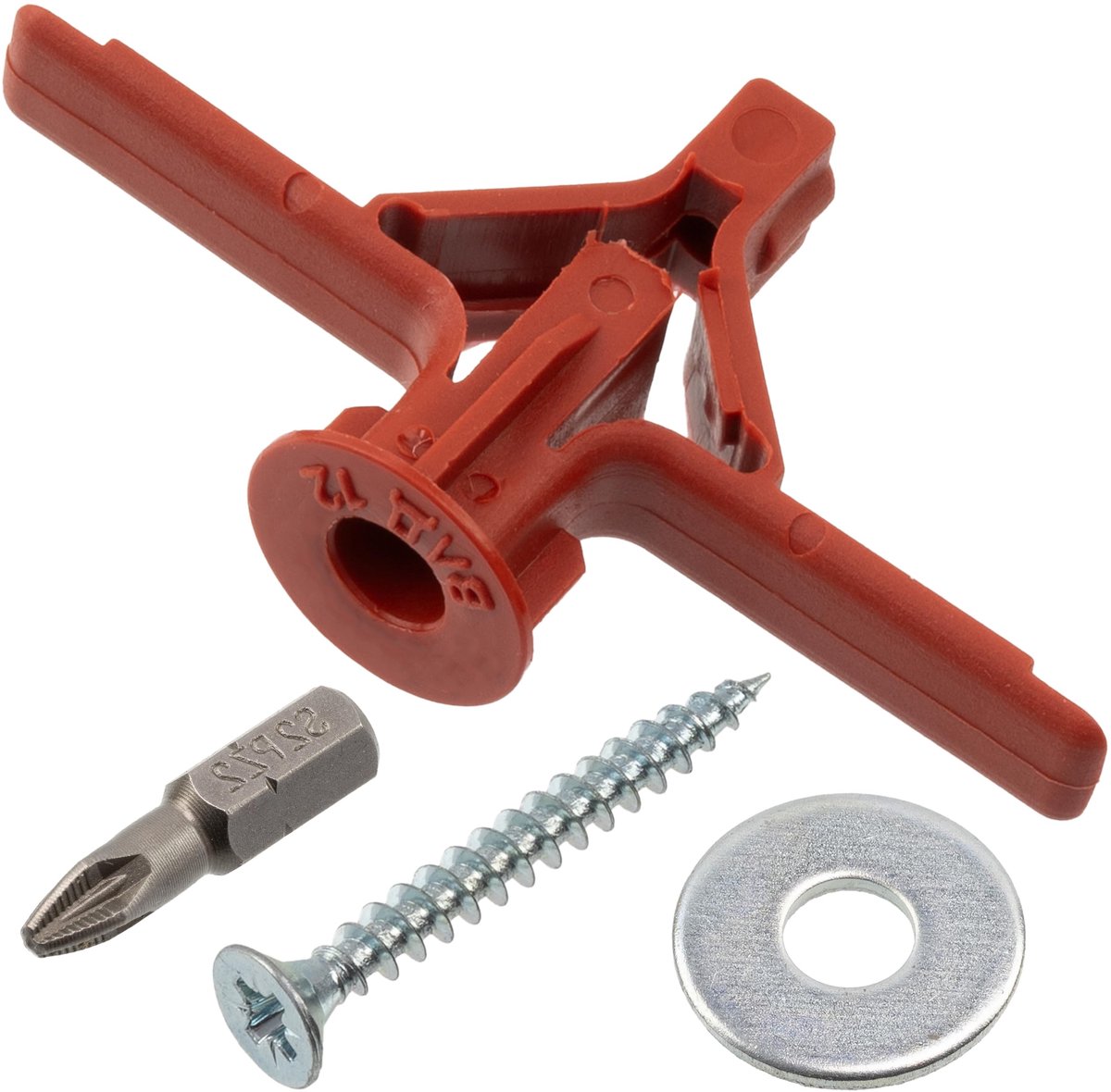 Spreidpluggen voor gipsplaten Ø10 mm + 25 houtschroeven Ø4x35 mm + 25 brede ringen voor M4 bouten + 1 schroefbit 1/4 PZ2