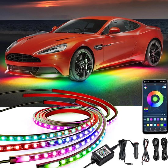 Oranje sportauto met veelkleurige regenboog onderverlichting, met LED strips en app-bediening.