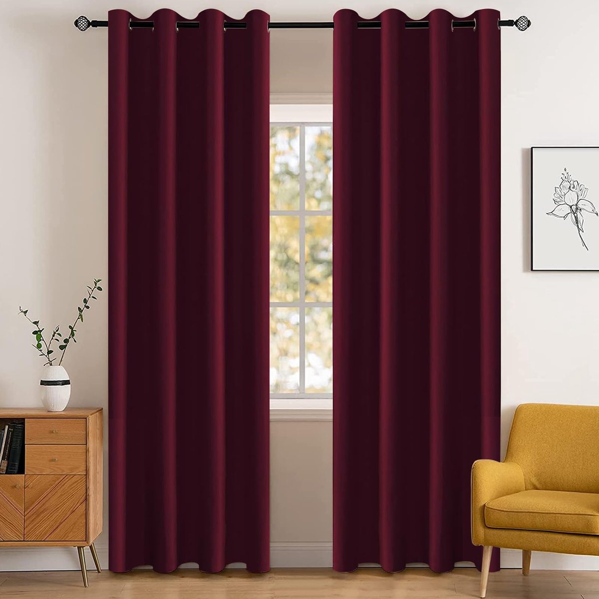 Waterdicht Gordijnen Set Van 2, 140x300cm(B X H), Warmte-Isolerende Thermische Gordijnen Met Ringen, Ondoorzichtig, Koude, Geluidsbescherming, Voor Woonkamer, Slaapkamer, Bourgondisch
