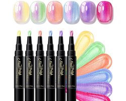 Nagellakpen - 6 stuks - 5ml - Nagel Art Pennen - Parelmoerglans kleurenserie - Nagellak op waterbasis - Cat Eye - Geen UV-lamp nodig - Glitterserie - DIY - Chique nagels - Nail Art penselen - Nagel Decoratie - Glitternagels - Nail Brush - Stijl C