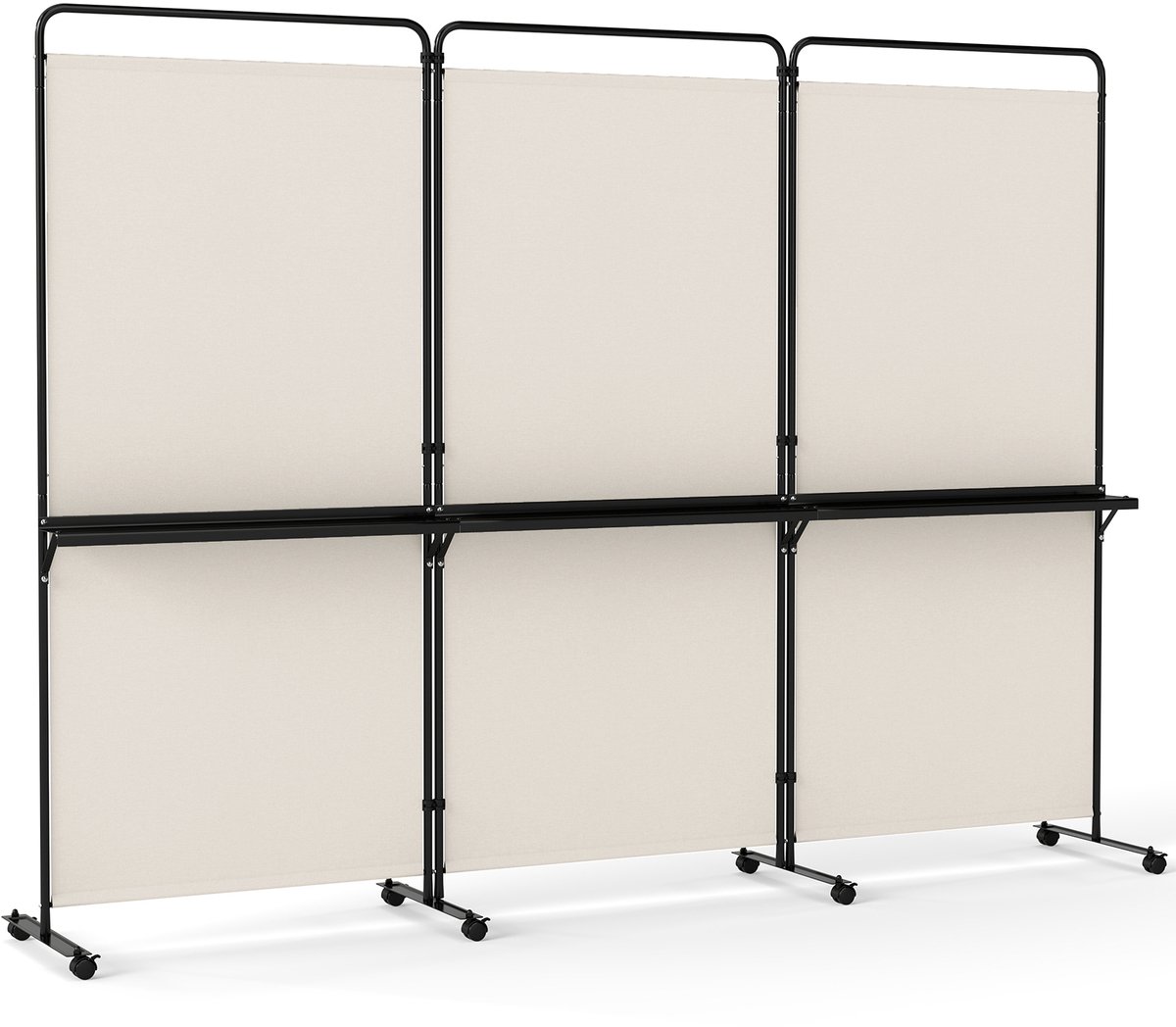 COSTWAY Paravent ruimteverdeler op wielen, opvouwbare scheidingswand, 3-delig, met 3 planken en metalen frame, inkijkbescherming voor kantoor, woonkamer, slaapkamer en tuin, 259 x 44 x 188 cm (beige)