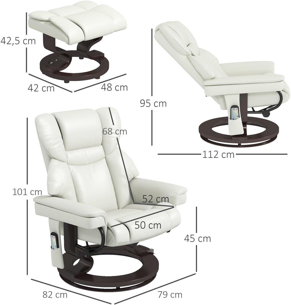Relaxfauteuil Met Voetenbank - Elektrisch Draaibaar - Met Ligfunctie En Massage - Voor Woonkamer En Ontspanning - Kunstleer - Crèmewit – foto 5