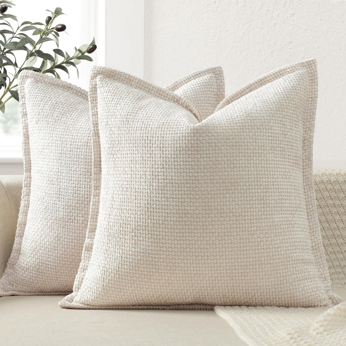 Set van 2 Kussenhoezen 40x60 CM met Decoratieve Rand, Beige Chenille Kussenhoezen, Sierkussens voor Bank, Bed en Woonkamer, Woondecoratie, Luxe Kussenhoezen