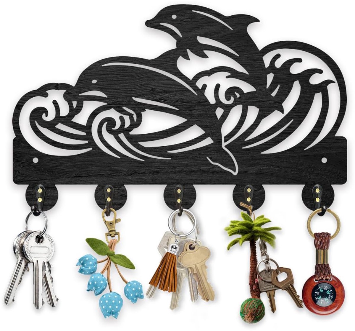 Houten dolfijn oceaan golf sleutelhaak muurbevestiging zee dier sleutelrek 30 x 18,7 cm zwarte kunst muur decor kleerhanger met 5 legering haken voor ingang slaapkamer woonkamer