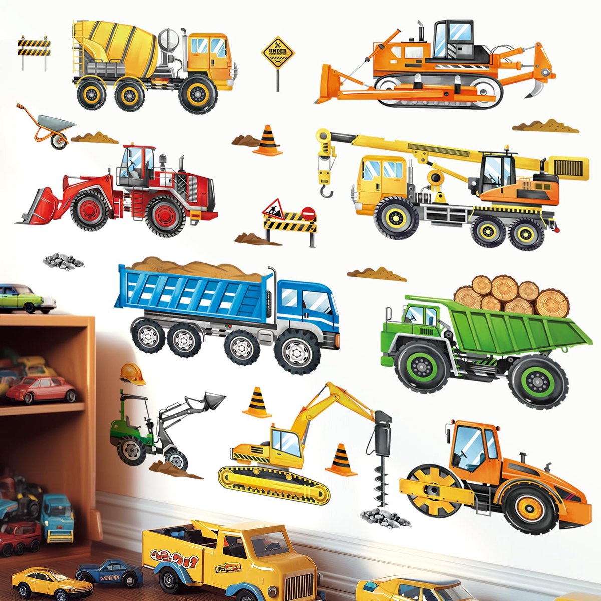 decalmile Muurstickers Kinderkamer Graafmachines Voertuigen Muurtattoo Bouwplaats Tractor Auto Wandopdruk Jongen Babykamer Kinderkamer Muurdecoratie