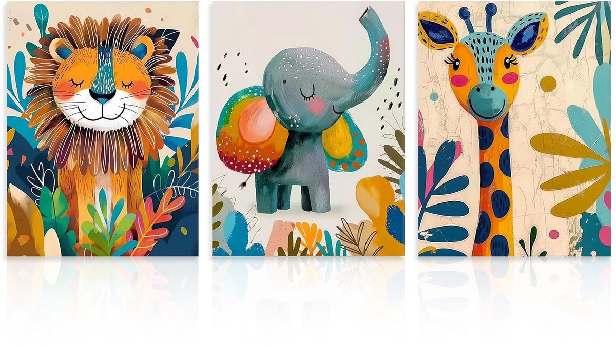 3 Stuks Kleurrijke Safaridier Wanddecoratie Set, Levendige Leeuw Olifant Giraf Posters Voor Kinderkamer Speelkamer 30x40 Cm Zonder Lijst