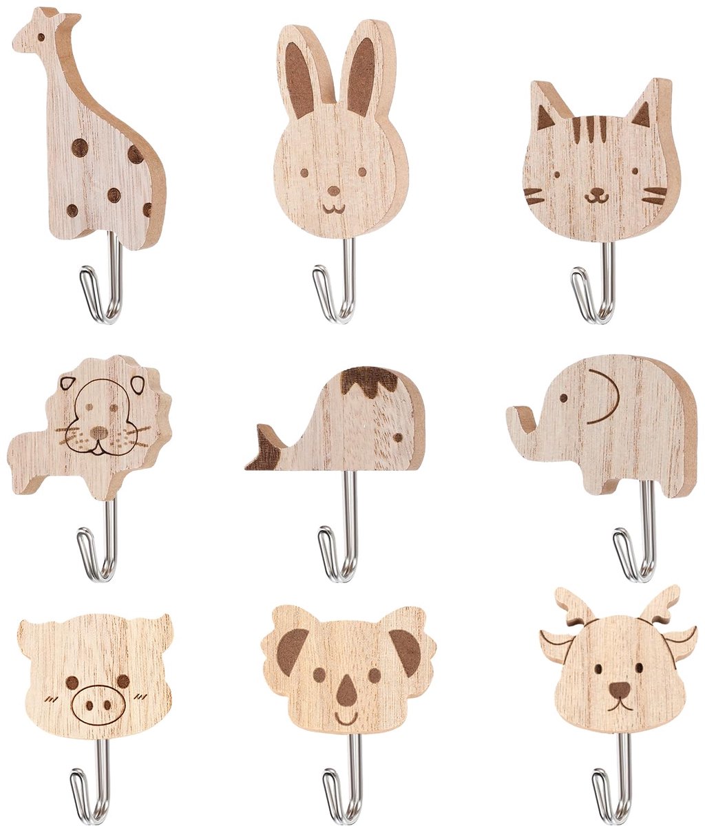 9 Stuks Schattige Dieren Kledinghaken voor Kinderen Volwassenen, Zelfklevende Wandhaken van Hout, Decoratieve Kapstokhaken met Dierenmotieven, Haken voor de Kinderkamer, Badkamer, Keuken