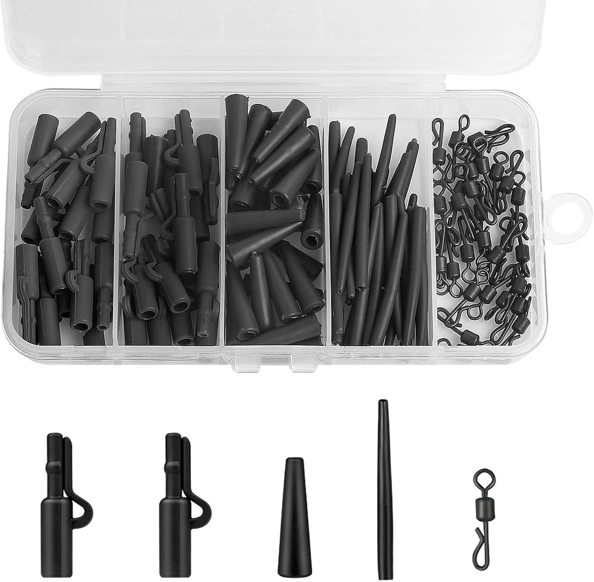 Complete 120-delige karperaccessoireset met veiligheidsclips, anti-klitten en snelwisselwervelclips voor professioneel karpervissen en beginners