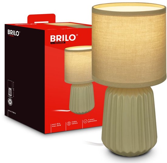 Lampe de table BRILONER Dora verte, avec abat-jour textile et pied en céramique, à côté de l'emballage.