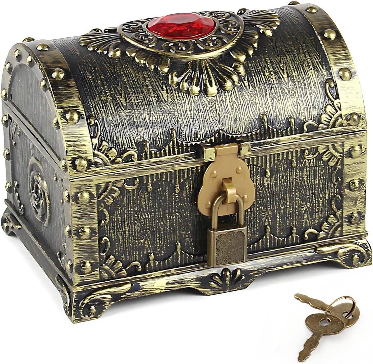 KZQ Kunststof Piratenschatkist Met Slot En Sleutel, Brons 14x10x10,5 Cm, Decoratief En Praktisch Voor Opslag En Schattenjacht