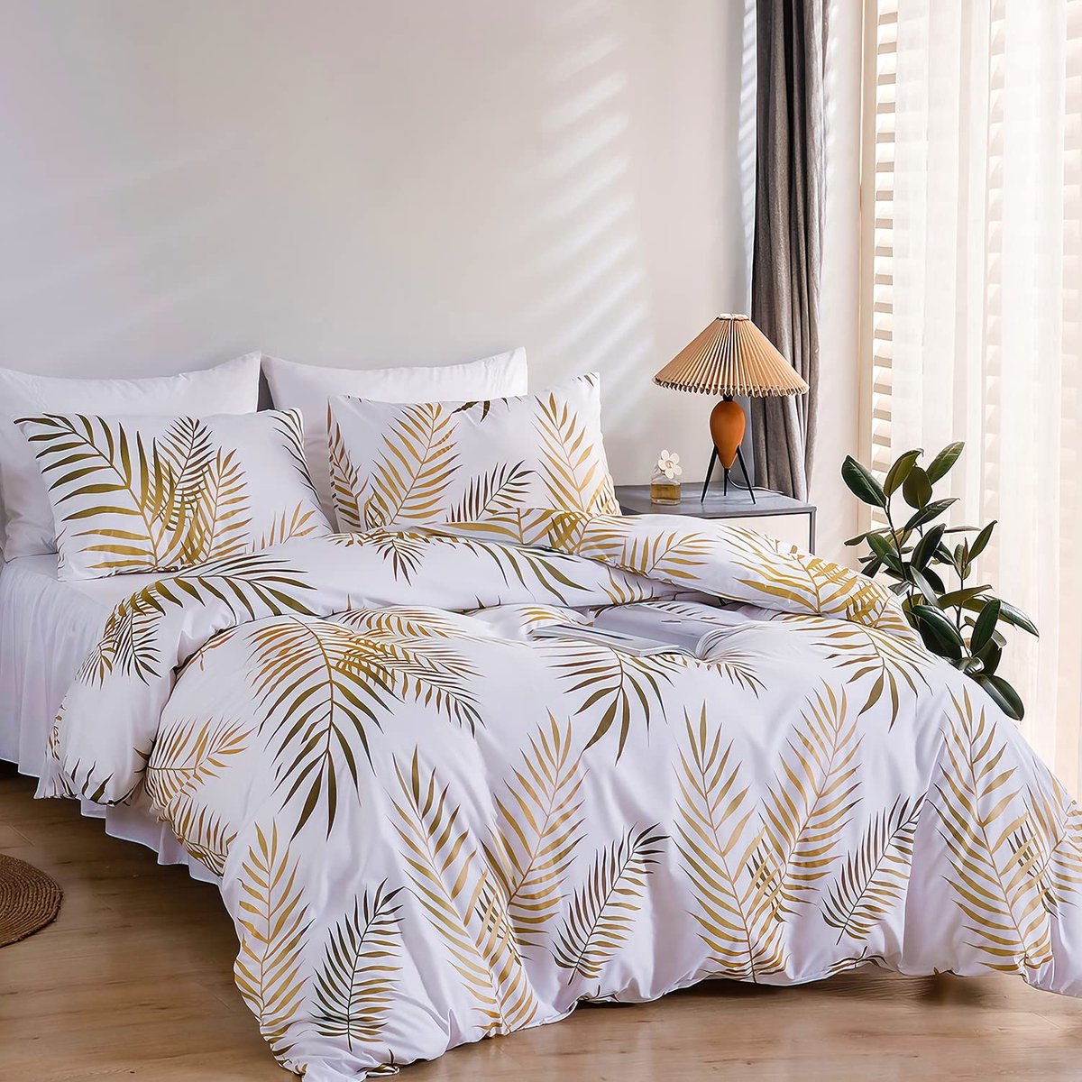 Dekbedovertrekset, 220 x 240 cm, tropische bladeren, goudkleurig, botanisch, voor tweepersoonsbed en 2 kussenslopen 65 x 65 cm, 100% microvezel, beddengoed met ritssluiting, witgoud