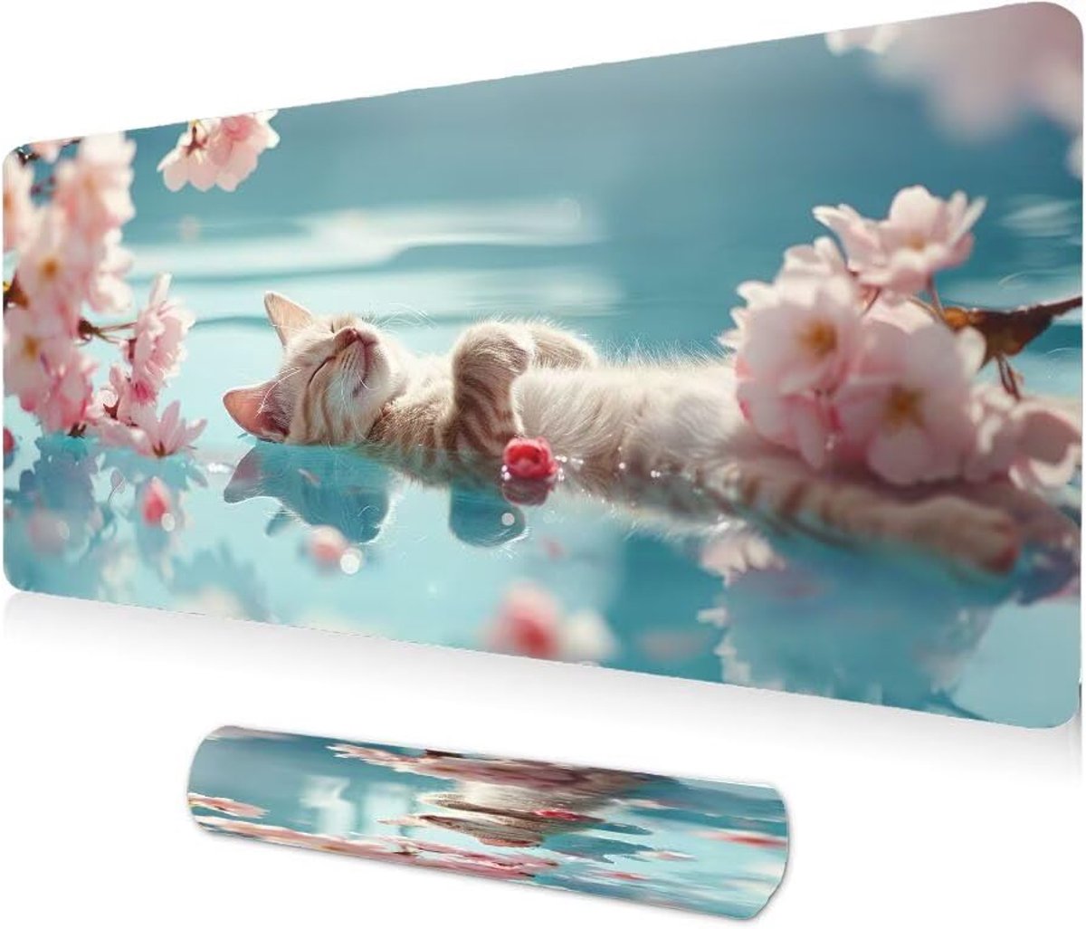 XXL katten in het water grote bureauonderlegger 500 x 250 x 3 mm bureaubeschermer mat met anti-slip basis, muismat met naden aan de randen, voor gaming, kantoordecoratie, cadeau A361
