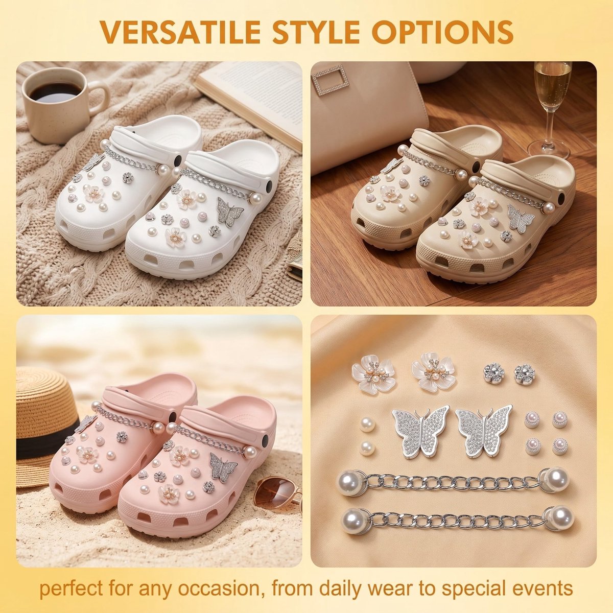 20 stuks schoenbedels, glitter, glinsterende schoenbedels met vlinder en kralen, doe-het-zelf schoendecoratie, accessoires voor klompen en sandalen, zilveren strass schoenstekers voor meisjes