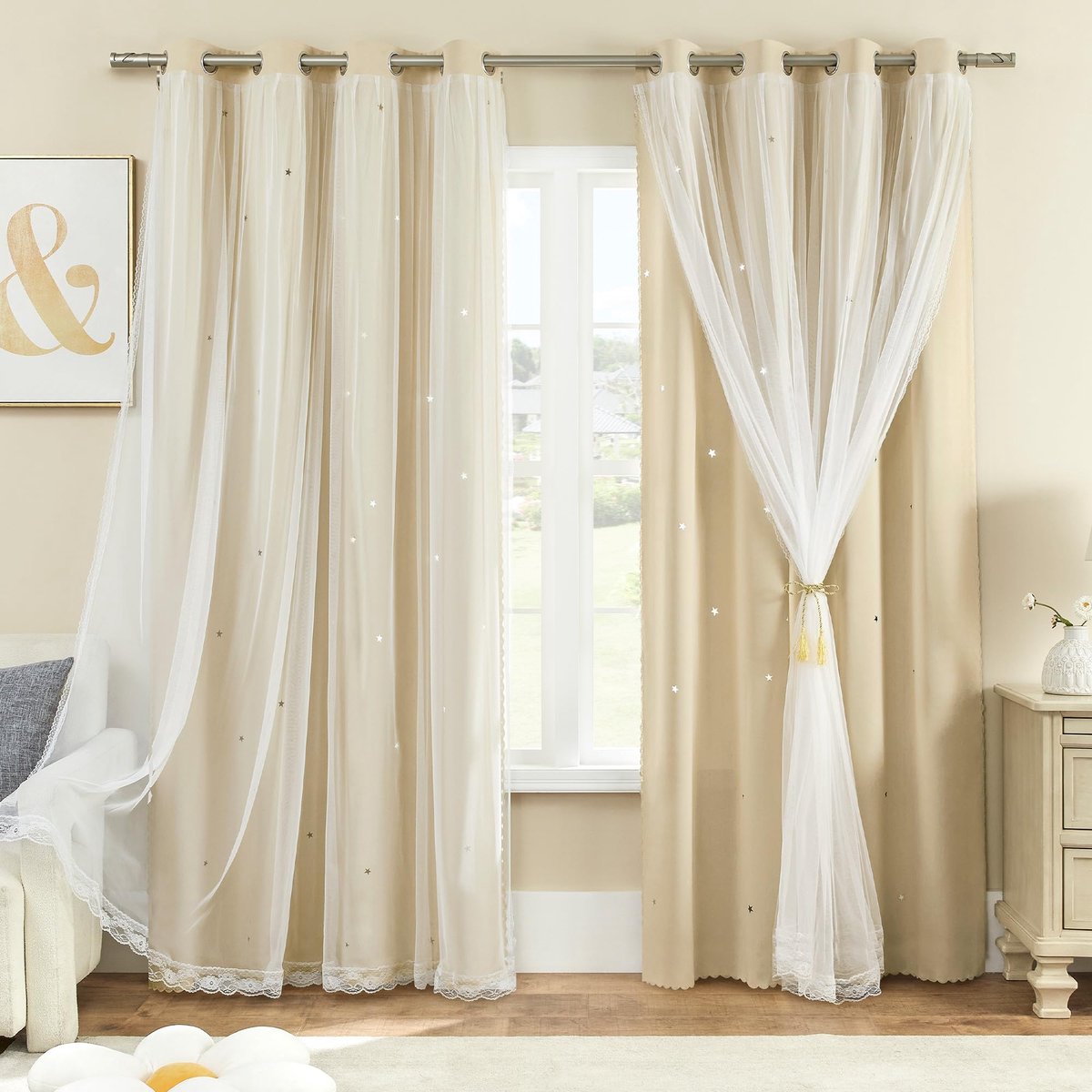 Verduisteringsgordijn voor slaapkamer dubbellaags 157 x 228 cm van polyester met voile sterrendesign schuifdeur meerkleurig beige 157/228