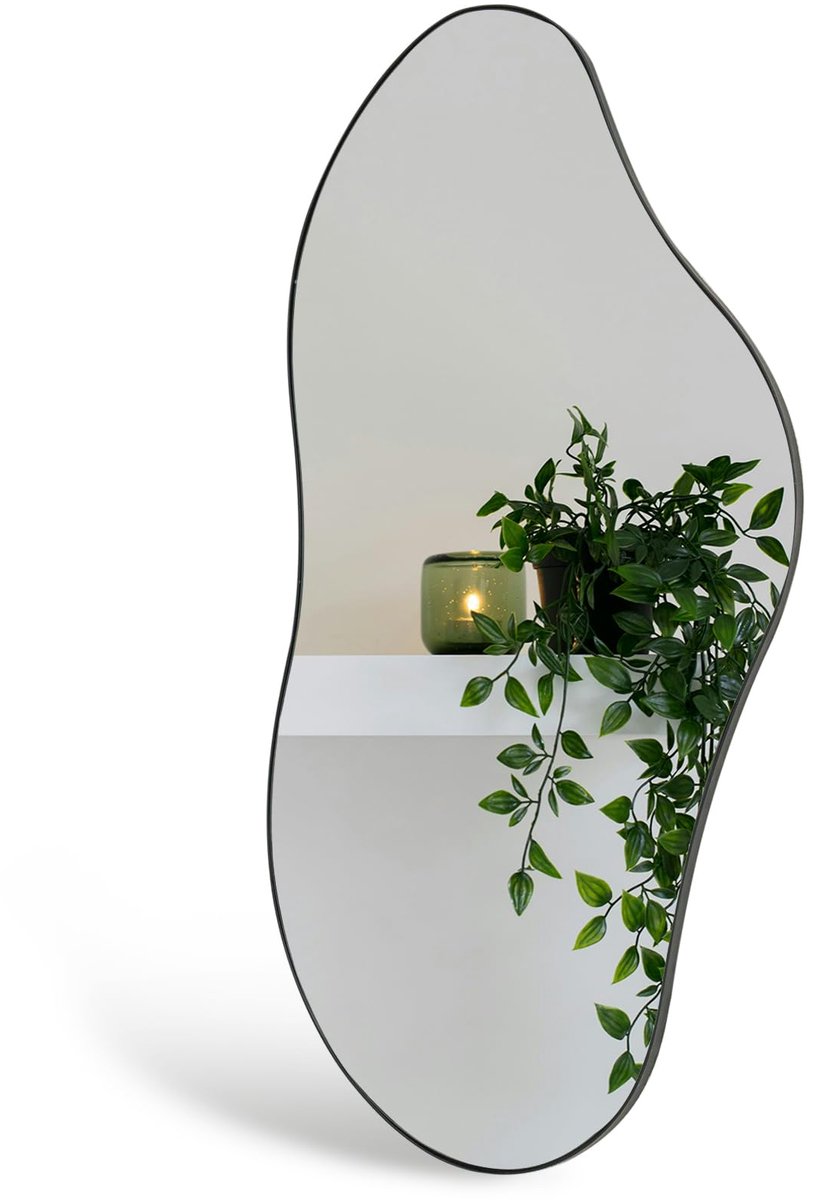 Spiegel, zwart metalen frame, onregelmatige spiegel voor woonkamer, 98 x 45 cm, hangende spiegels voor muren, make-up, kleedspiegels voor slaapkamer, hal