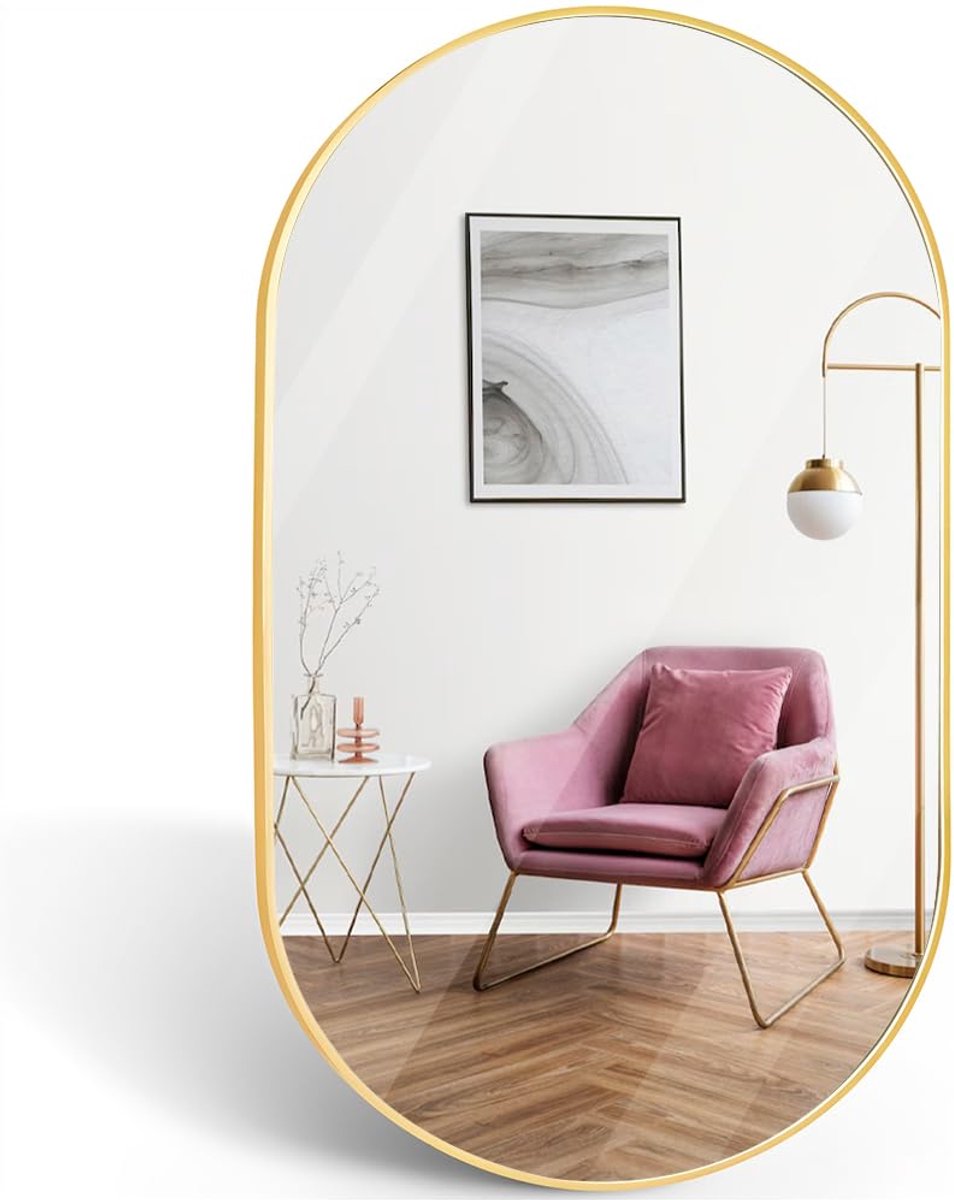 Espelho Casa de Banho Casa de Banho Ovale spiegel met metalen frame, moderne badkamerspiegel, decoratieve wandspiegel voor ingang, hal, slaapkamer of hal, goudkleurig