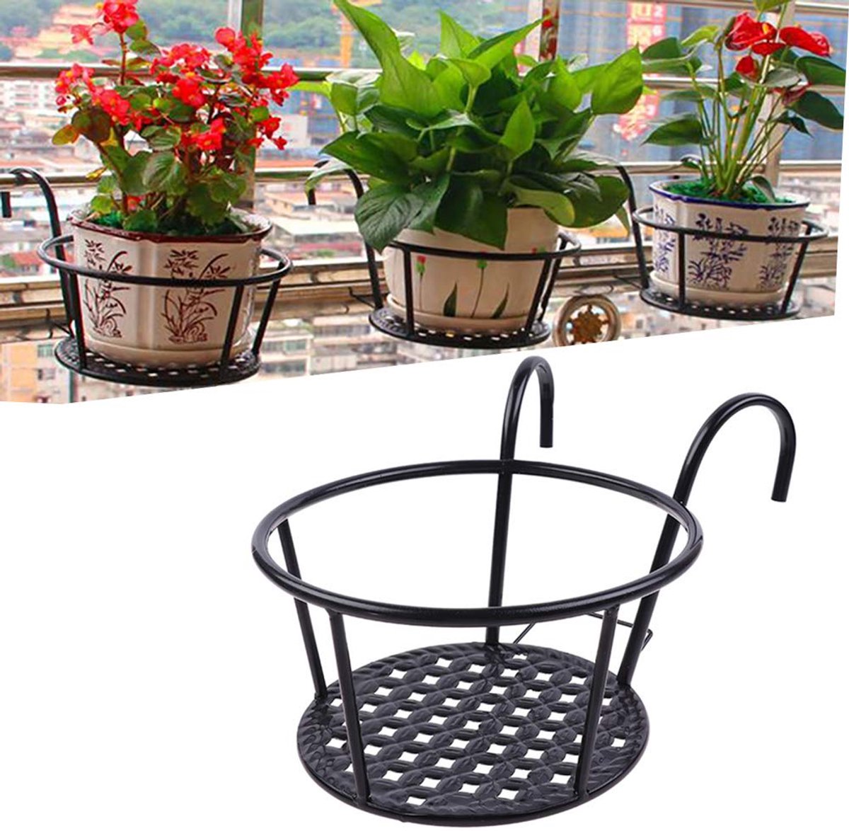 1 stuk bloempot om op te hangen, Iron Art hangmand, bloempotten van metaal, plantenpot met haken, hangmand voor planten, afneembaar, voor balkon, hekken of enkele bakstenen muur (zwart)