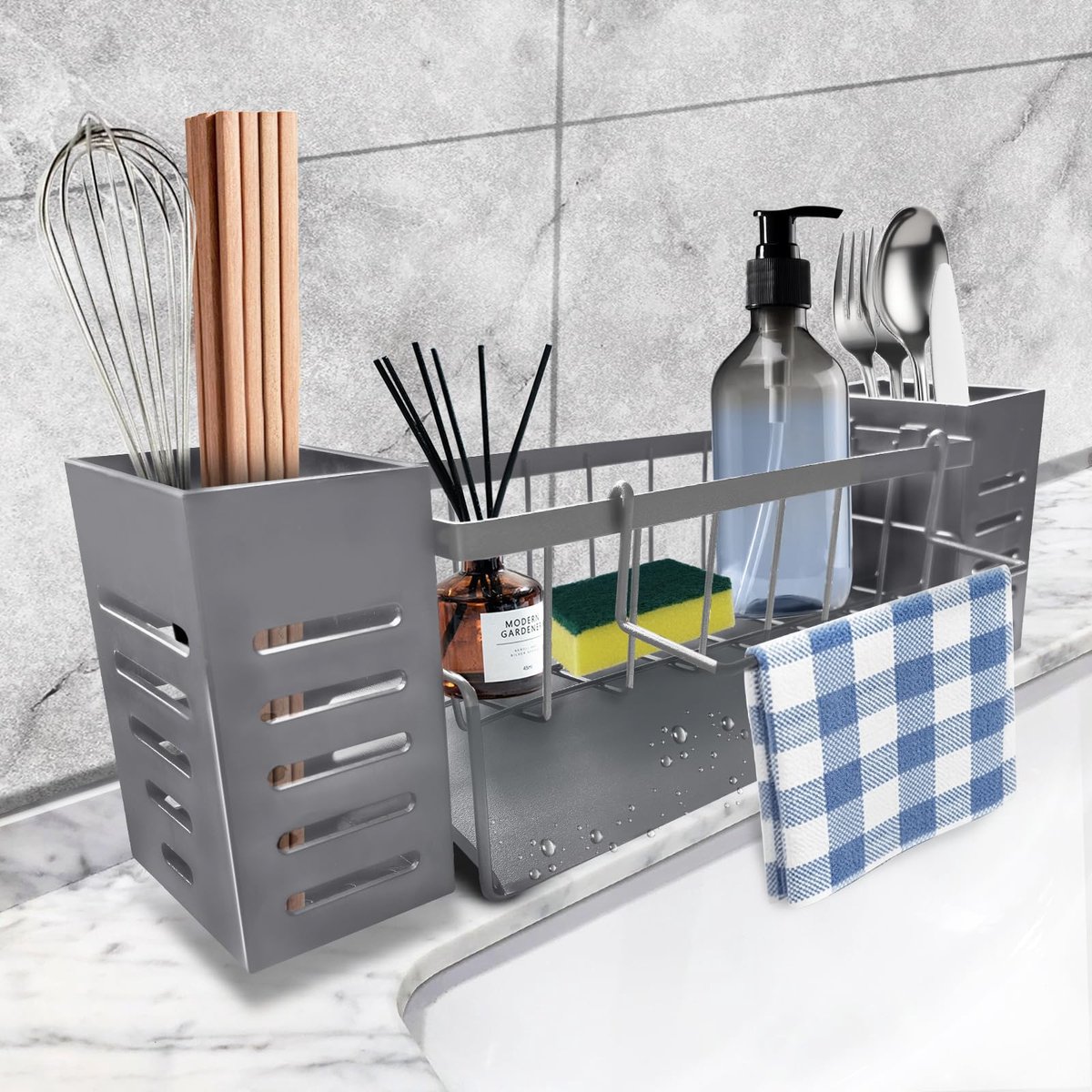 Keukengootsteenorganizer van roestvrij staal met automatische afvoer, gootsteenorganizer, grijs met afvoer, afdruiprek met theedoekhouder en 2 bestekmanden, voor gootsteen en wastafel