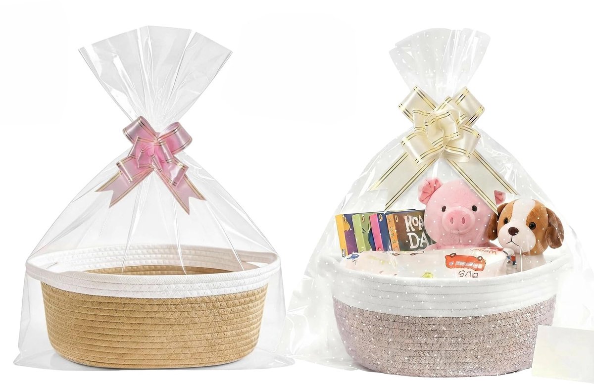 leeg, gevlochten katoenen touw mand met handvat, incl. geschenkzakjes en linten, voor babyshower, verjaardag, bruiloft - 2 stuks