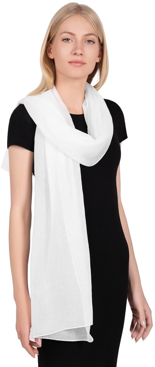 DU FOULARD Chèche Sjaal Trendy Omslagdoek Koelsjaal 100% katoen – afmetingen 180 x 50 cm – damesschoenen en herenschoen, licht en comfortabel – vele kleuren, Wit, Long