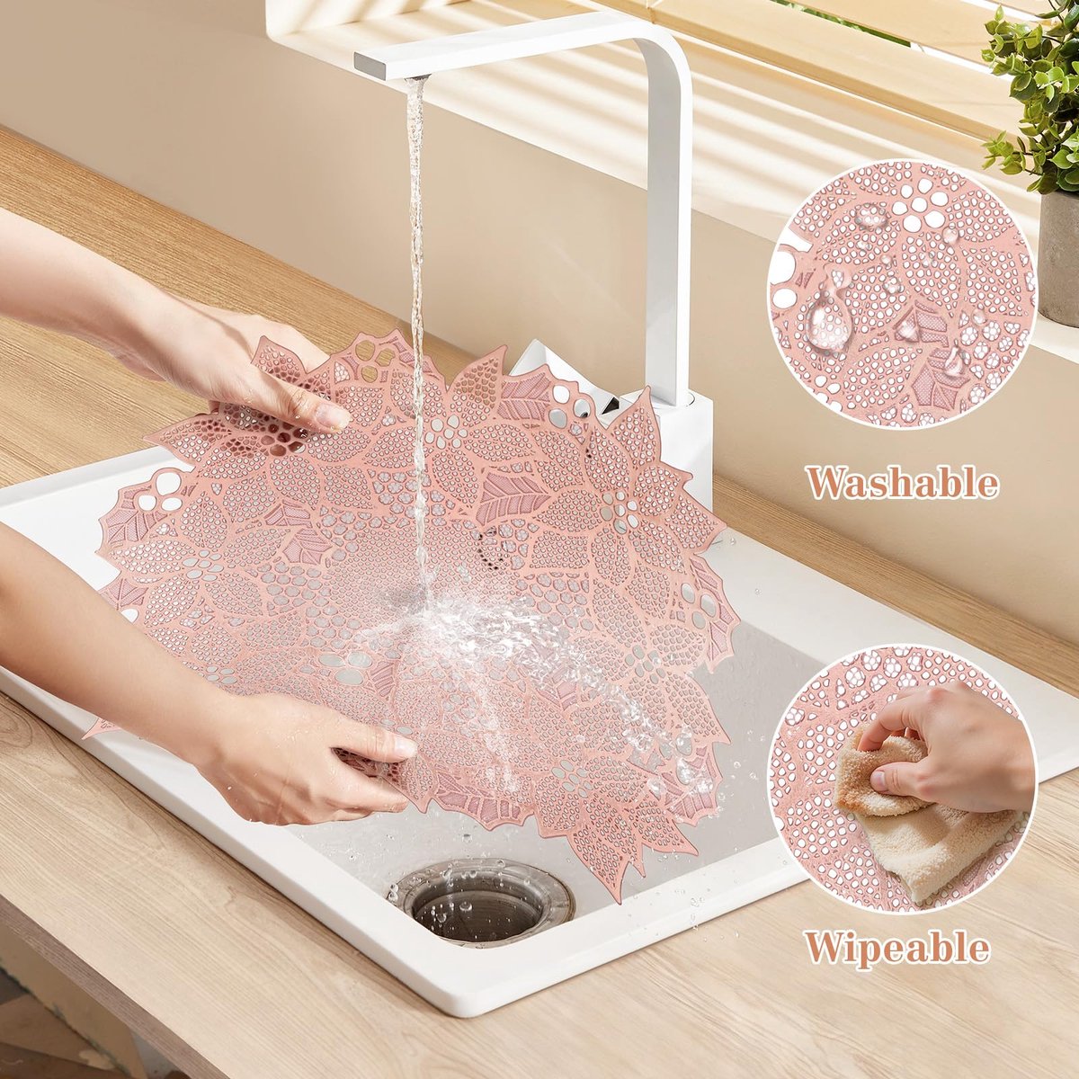 fanquare 38 cm, rond, roségoud, pvc, afwasbaar, set van 6 placemats, bloemen, bladeren, uitgehold, placemats voor bruiloft, keuken, feestdecoratie