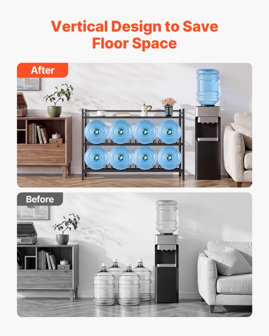 VEVOR 3-Laags Waterkanhouder, 4 Rijen, voor 8 Flessen, Waterkanrek met Opbergvak, Waterdispenserrek, Waterflessenrek, Watercontainerrek voor Keuken, Kantoor en Woonkamer, Zwart — afbeelding 4