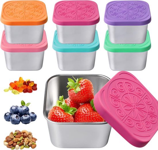 Snackbox voor kinderen 6-stuks 180ml - Lekdichte RVS fruitbakjes met siliconen deksel, geschikt voor school, sauzen en alle levensmiddelen