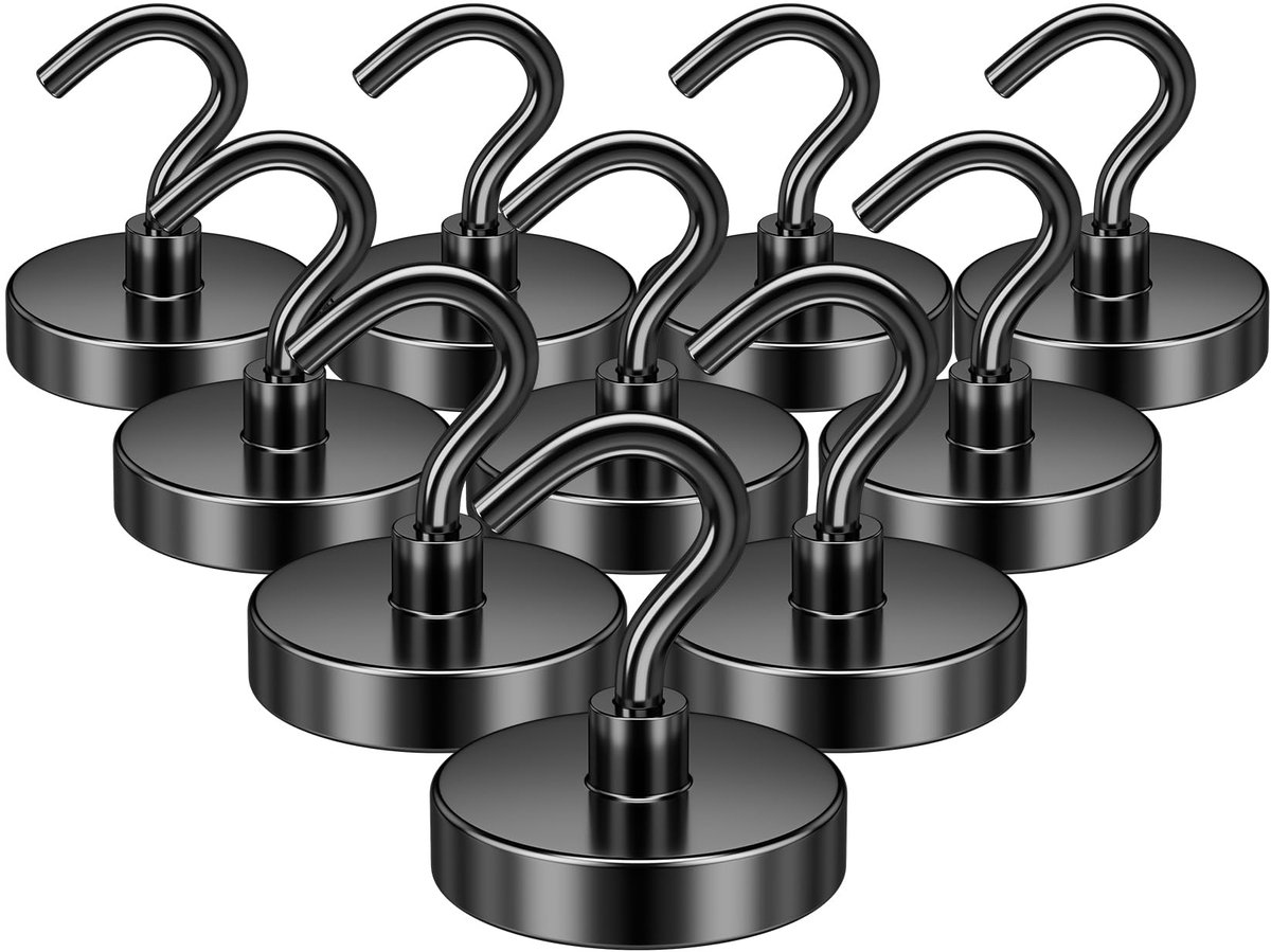 10-delige set zwarte, sterke magneethaken voor hoge belasting, 22,7 kg sterke neodymium magneethaken om op te hangen, grote magneethaken voor cruises, magneten met haak voor thuis, kantoor
