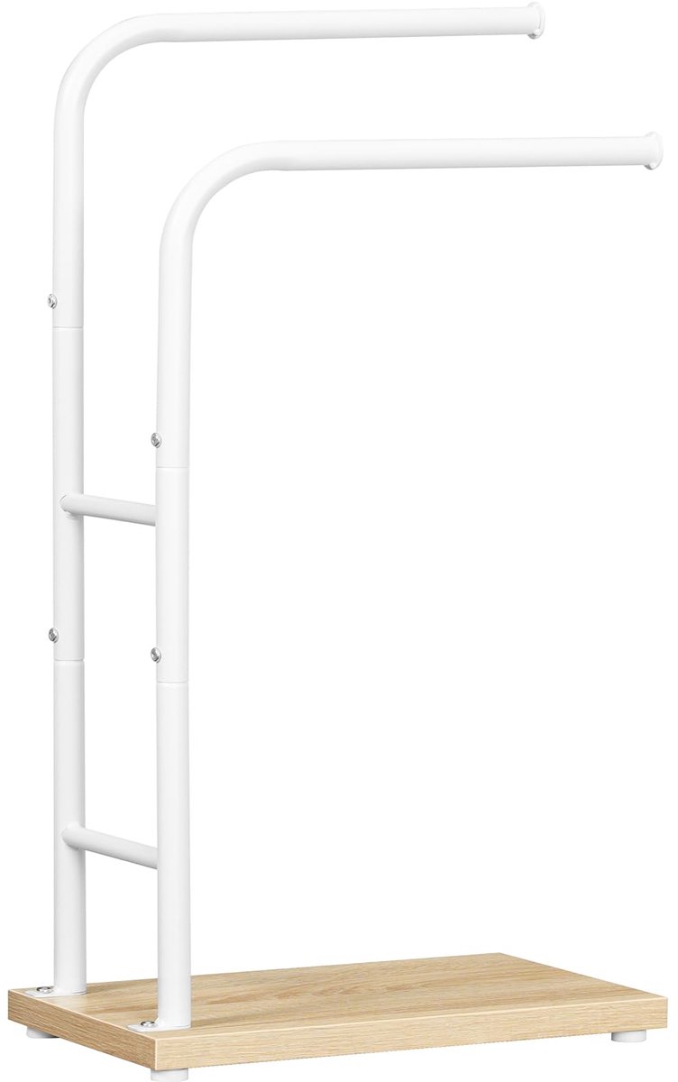 Handdoekhouder staand, handdoekrek vrijstaand, badhanddoekhouder met 2 stangen, 40 x 24 x 80 cm, badkamer, slaapkamer, voor dekens, kleding, wit-natuurlijke houtkleur EWN24LB01G1