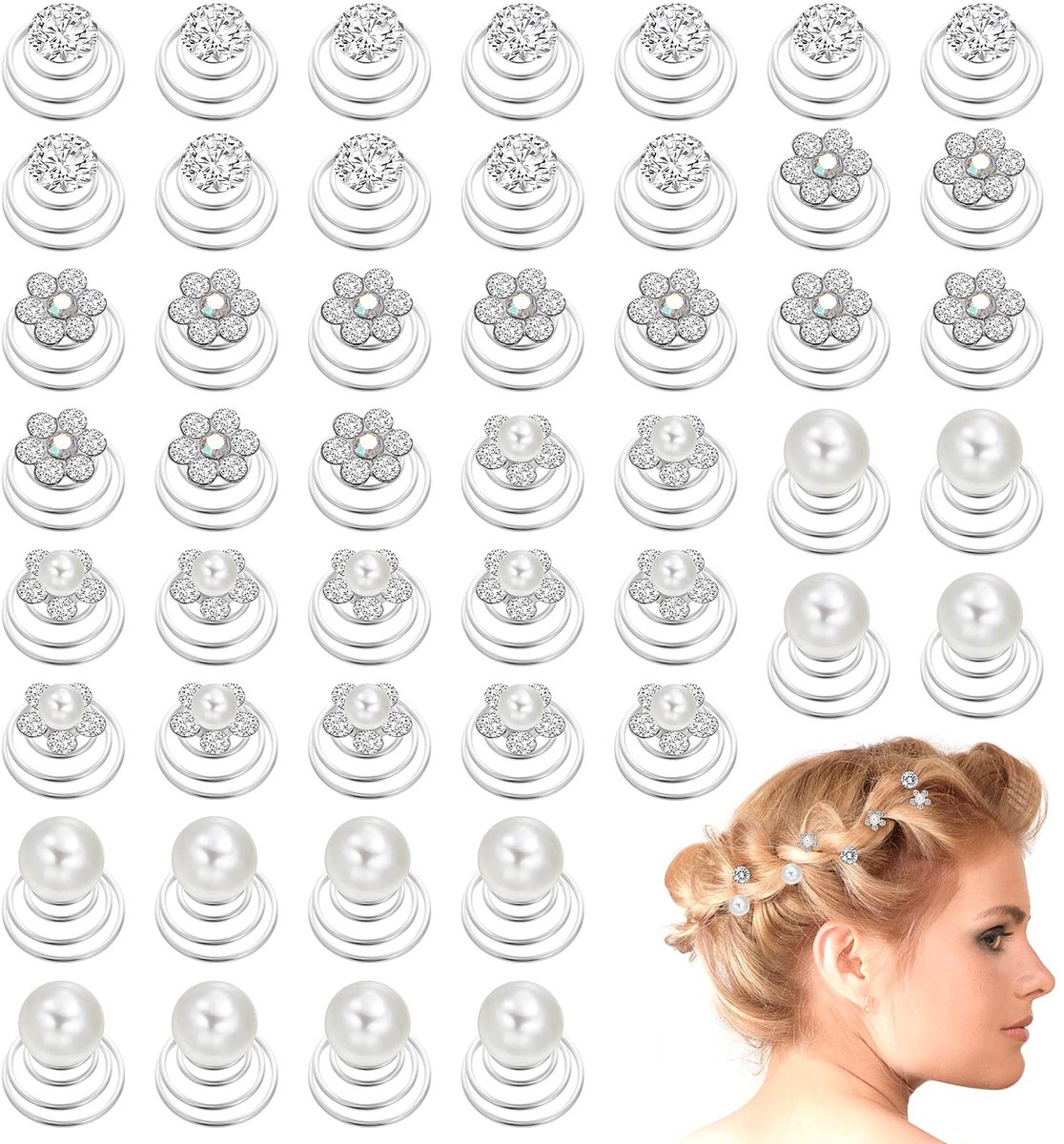 Haarspelden, 48 stuks, parel strass kristal haar edelstenen strass kristal twisters set spiraal haarspeld zilveren spoel voor bruiloft bruidsbal feest
