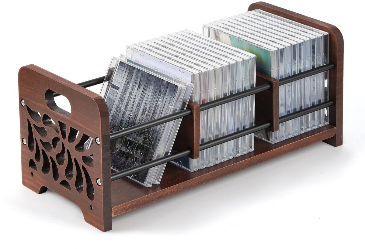 Cd-standaard van hout, cd- en dvd-houder, cd-box voor het opbergen, organizer met handgrepen, skelet bloemendesign, ook voor tijdschriften, boeken