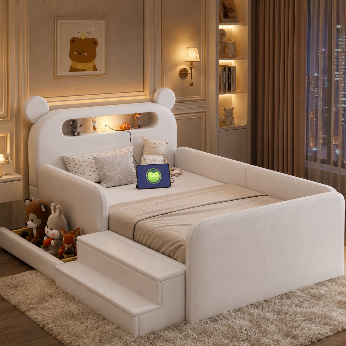 Welltin Kinderbed 90x200 cm - Eenpersoonsbed - Gestoffeerd bed - Multifunctioneel bed - Vloerbed - Met opbergvak - Met nachtlampje - Met USB-oplaadpoort - Veilig en comfortabel - Wit