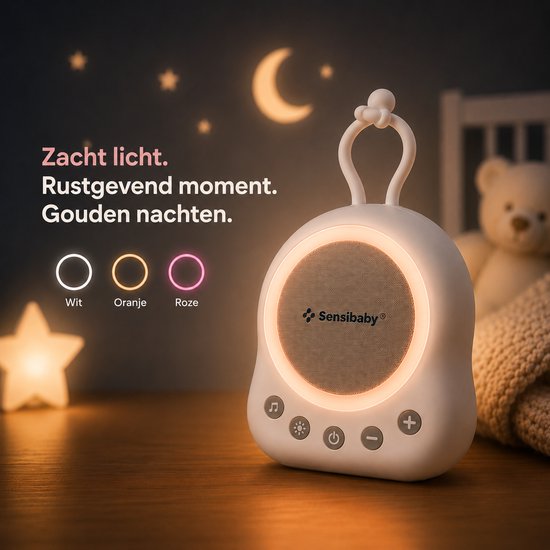 SensaBaby geluidsmachine met instelbare kleurenlicht: wit, oranje, roze. Zacht licht voor rustige nachten.