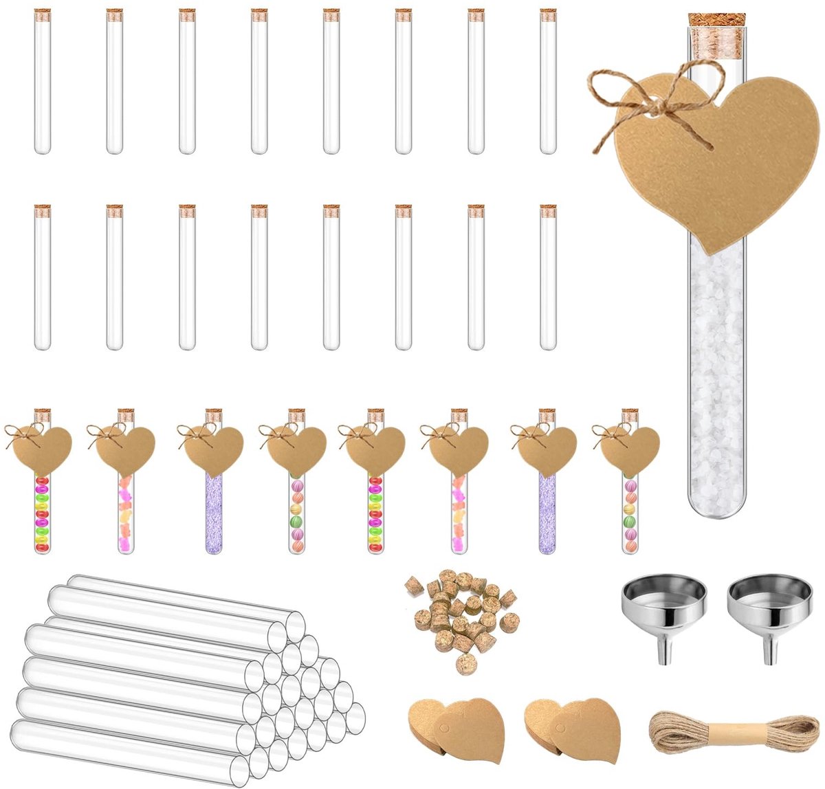 Dailygoods- Reageerbuisjes 24 stuks - Reageerbuis met Kurk - Kunststof - Trechter - Hangers - Hoogwaardig Materiaal - Herbruikbaar - Decoratiebuizen