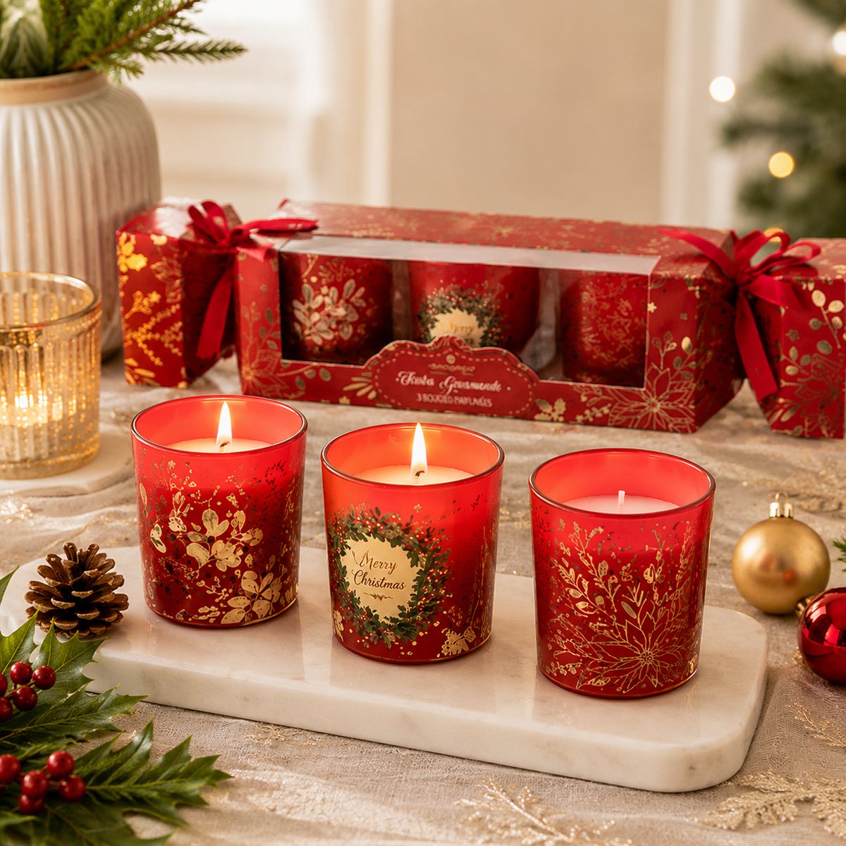 Set van 3 Kerst Geurkaarsen – Geurkaarsen in Rood Bedrukt Glas – Luxe Kerstcadeau – Kerstdecoratie – Sfeervolle Geurkaarsen voor Woonkamer – Cadeauset – Rood — cadeau in Wonen & Interieur - foto 2