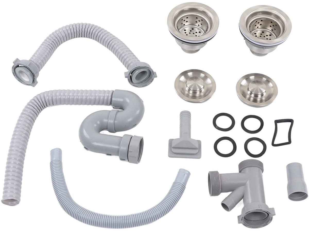 Dailygoods- Gootsteenafvoerpijp met dubbele afvoeren - Eenvoudige installatie - Roestvrij staal/ABS - Snelle afvoer - Geschikt voor keuken/badkamer - 12 accessoires inbegrepen - Afvoerpijp