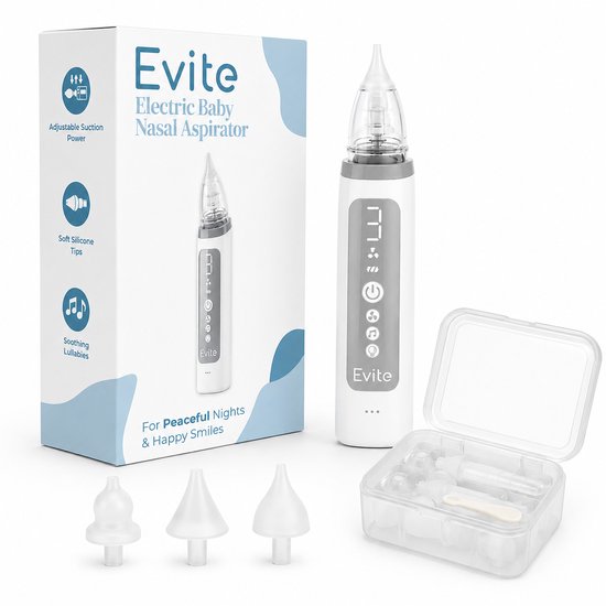 Evite elektrische baby neusreiniger met verpakking, 3 opzetstukken en opbergdoosje. Tekst: 'Jouw Evite elektrische neusreiniger, instelbare zuigkracht, zachte siliconen opzetstukken, rustgevende liedjes, voor vredige nachten en blije glimlachen.'
