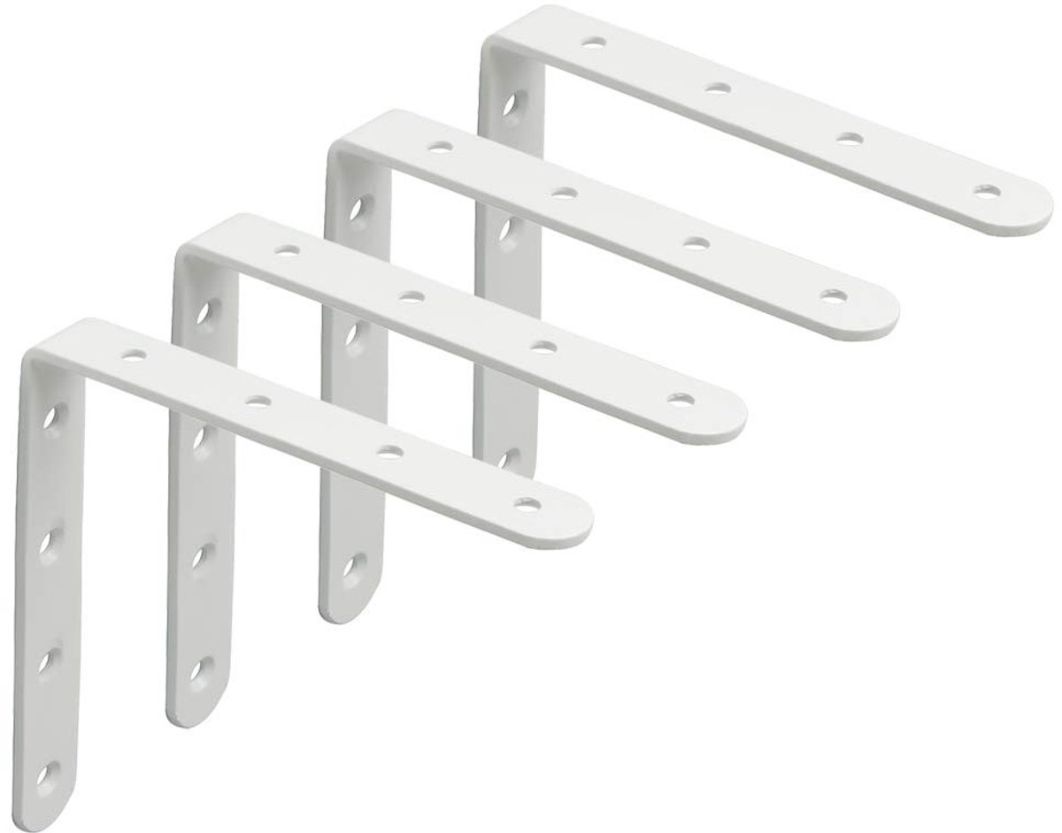 Dailygoods - MOOCHE 4 stuks roestvrijstalen plankhoeken, 12,5 cm plankdragers, zware belasting, metalen hoek, plankhouder met geboord voor wandmontage, wit