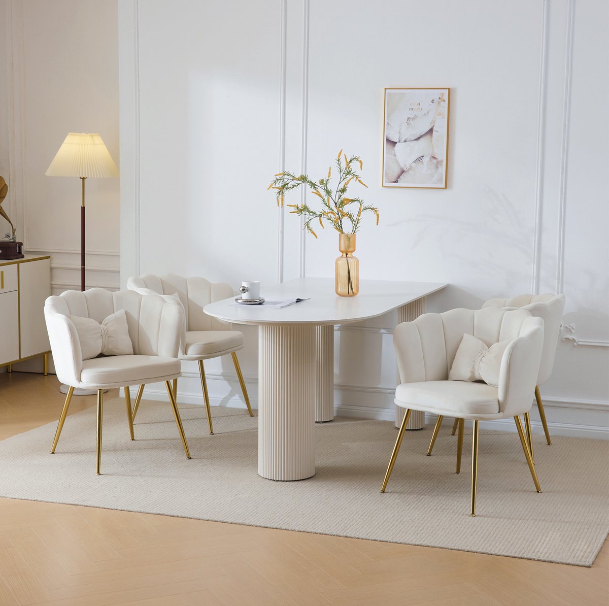 DESMIU Eetkamerstoel 63 x 58 x 77 Cm - Set Van 4 Met Bloemblaadjesrug En Kussen - Voor Eetkamer En Woonkamer - Velvet - Beige