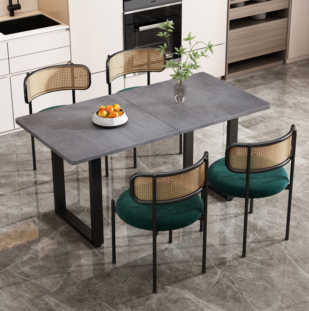 DESMIU Eetkamerstoel 75 Cm - Set Van 4 Met Rattan Rugleuning En Zachte Velvet Zitting - Voor Eetkamer En Woonkamer - Metaal - Groen