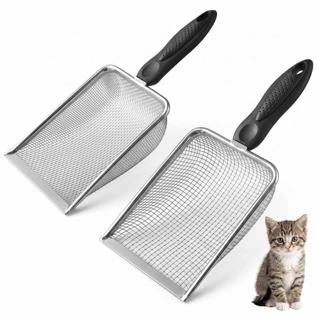 2 Stuks kattenbakschep roestvrij staal, schep voor snelle reiniging, 2mm en 3.8mm perforaties, voor verschillende soorten grind en strand, roestvrij met PP handvat, zilver