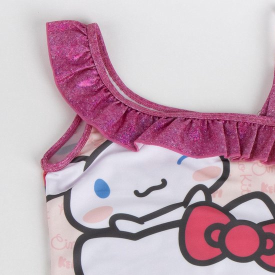 Roze glitter badpak met Cinnamoroll print en ruches langs de schouderbandjes en bovenkant.