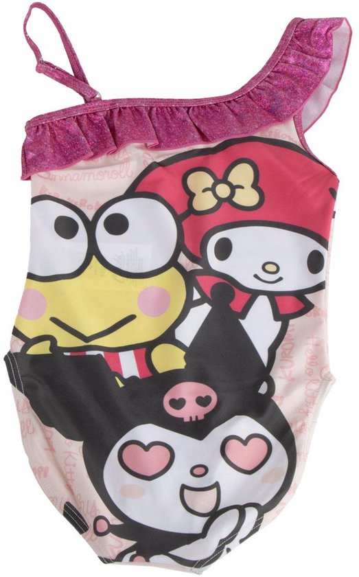 Roze badpak met ruches en print van Keroppi, My Melody en Kuromi.