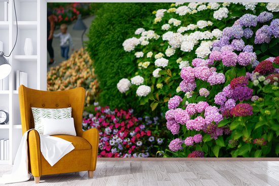 Behang - Fotobehang Levendige hortensia bloemen - Breedte 390 cm x hoogte 260 cm