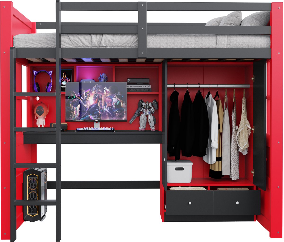 Sweiko Hoogslaper - 90 x 200 cm - LED-verlichting - Met bureau - Kledingkast - Lades - Kinderbed - Rood + Zwart